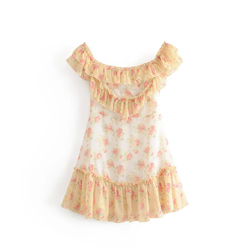 

2019 New Products WOMEN'S Dress Short-height Horizontal Neck Exposed Shoulder Slimming Mixed Colors Flower Printed Holiday Dress