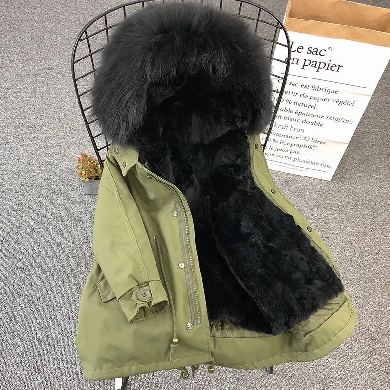 Green Black Fur Пальто с кроличьим мехом для девочек детские куртки с натуральным мехом теплые парки с капюшоном для маленьких девочек зимнее пальто для девочек и мальчиков утепленные детские зимние костюмы - Цвет: Green Black Fur