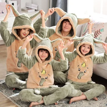 

Flannel children's pyjamas Children's hooded pyjamas thickened family three style and coral wool home wear suit