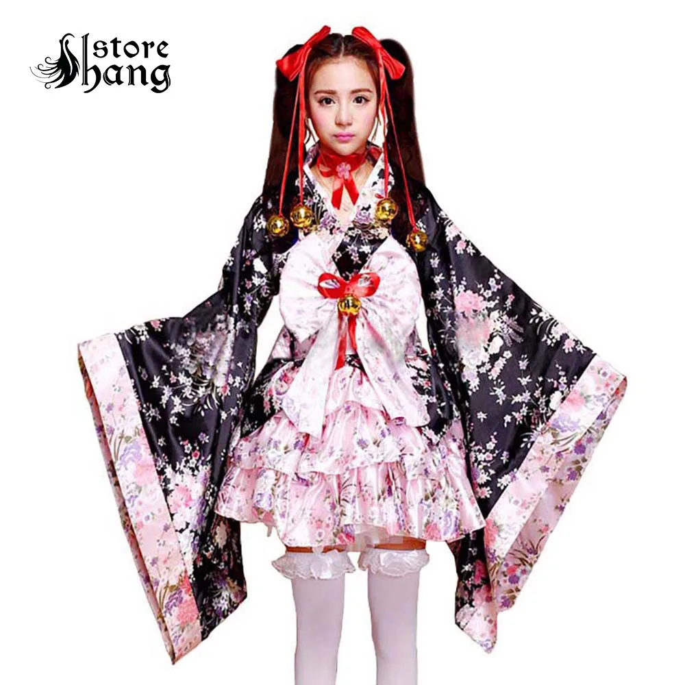 Womens Japanese Kimono Costume Sakura Printed Lolita Cosplay Fancy Dress Pink Short Layered Skirt Halloween Costumes |
