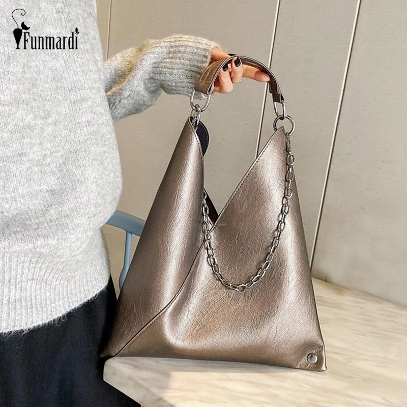 

FUNMARDI Vintage PU Leather Handbag Chain Designer Lady Messenger Bags Female Shoulder Bags Solid Color Big Tote Bag WLHB2130