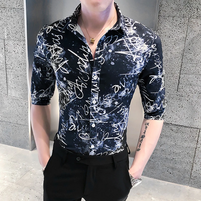 Summer Men Letter Print Shirt 2020 Half Sleeve Mens Casual Shirts All Match Fashion Slim Fit Club Tuxedo Dress Blouse Homme Summer Men Letter Print Shirt 2020 Half Sleeve Mens Casual Shirts All Match Fashion Slim Fit Club Tuxedo Dress Blouse Homme
