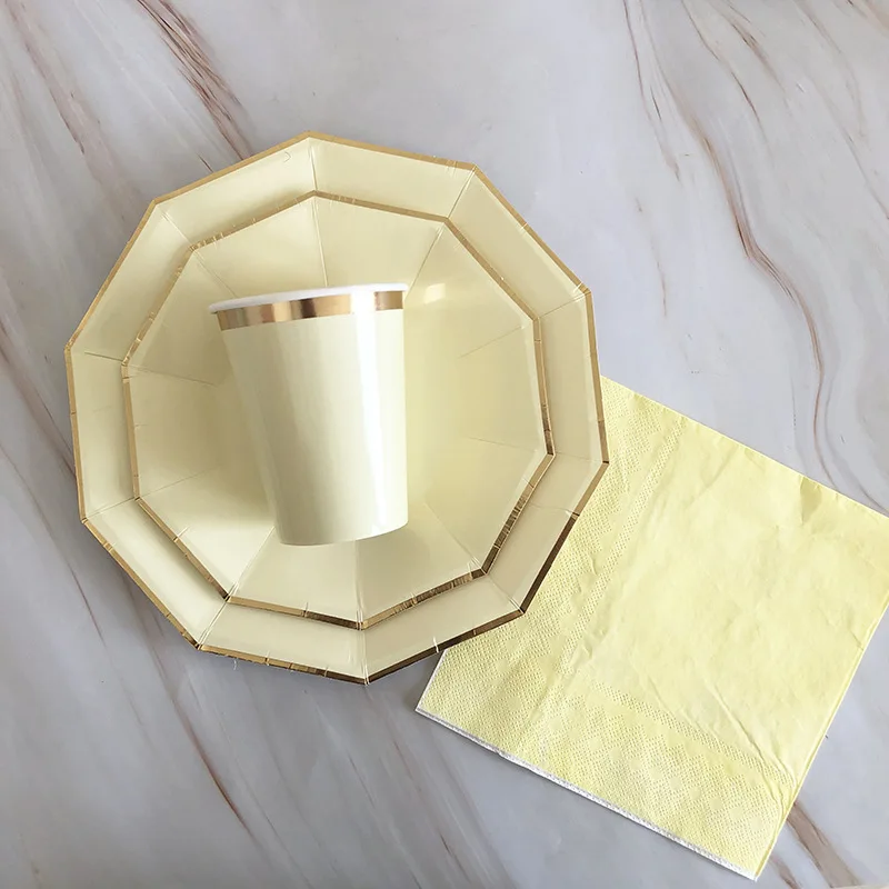 

65pcs/lot Gold Yellow Party Wedding Decor Disposable Tableware Set Paper Plates Napkins Cup Straws Kids Birthday Party Supplies