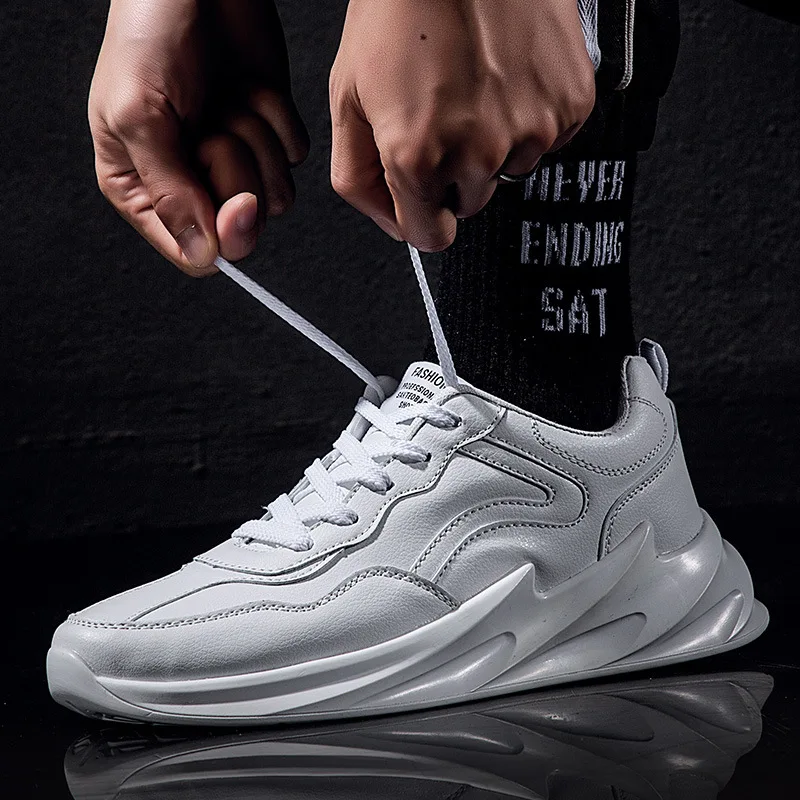 

Spring And Autumn Leather Shoes White Korean-style Trend Social Fella Low Top Thick Bottomed Breathable Cool Casual Sport Sneake