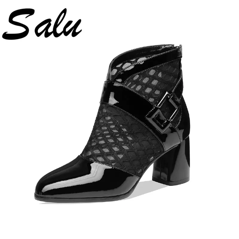 

Salu Women Summer Boots Genuine Leather High Heels Platform Shoes Woman Mesh Surface Breathable Zipper Ankle Boots