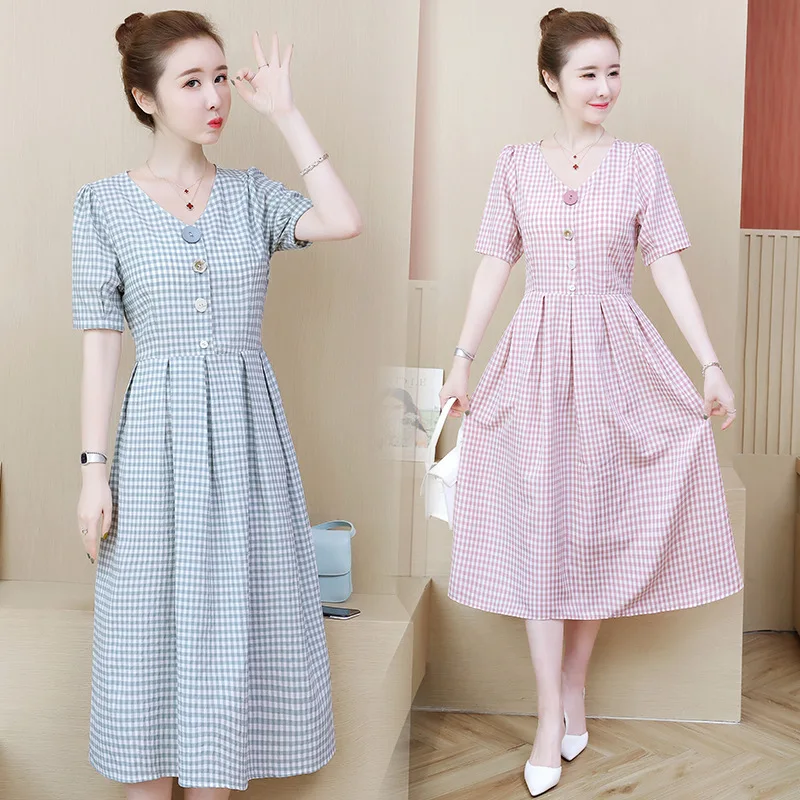

Large Size Summer New Style Fat Mm Waist Hugging Mid-length Elegant V-neck Plaid Skirt