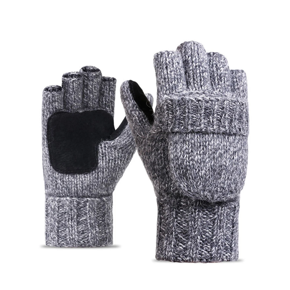 Light Grey L.Mirror Fashion Unisex men Knitted Fingerless Thick Warm Gloves Winter women Soft Warm Mittens Flip Gloves - Color: Light Grey