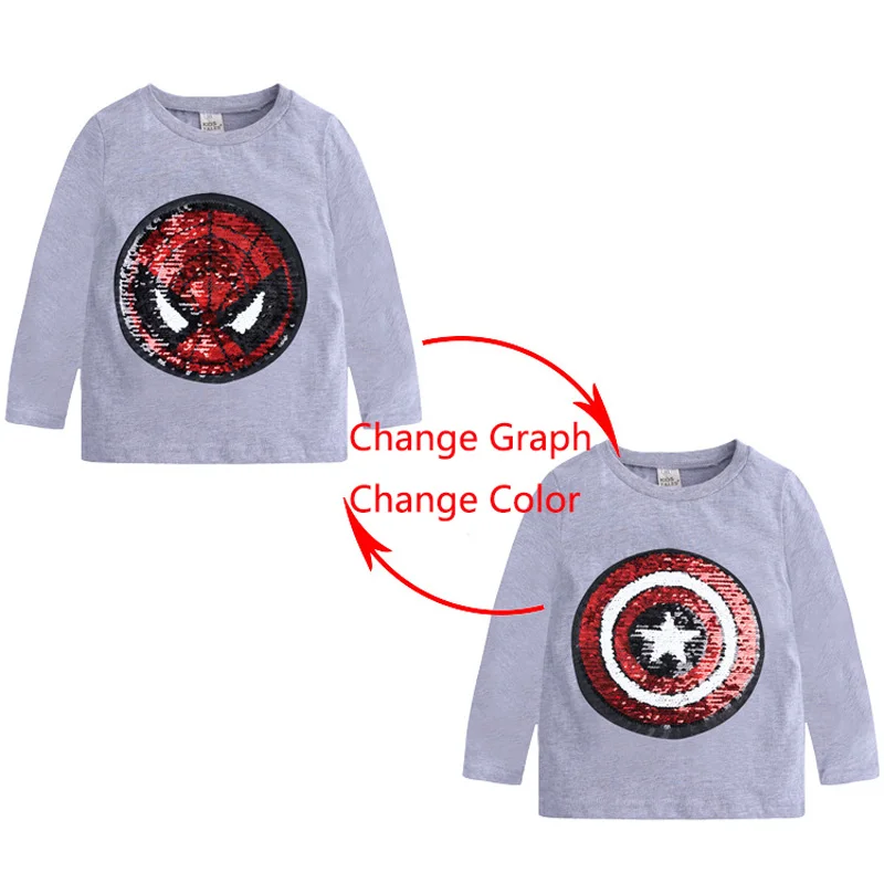 

Cartoon Magic Sequin Change graph Spider Boys Girls Long Sleeve T Shirt For 2-8Years Old Cotton Children Kids Boys Tops Tees