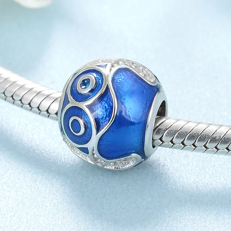 Настоящие 925 пробы Серебристые синие эмалированные круглые шармы бусины подходят для браслетов Pandora Ожерелье Изготовление ювелирных изделий