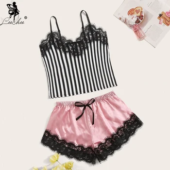 

Leechee Women Pajamas set Lace V Neck Sexy Sleepwear Striped Satin Sleeveless Lingerie Tops+Nightwear Shorts Summer Pijama Mujer