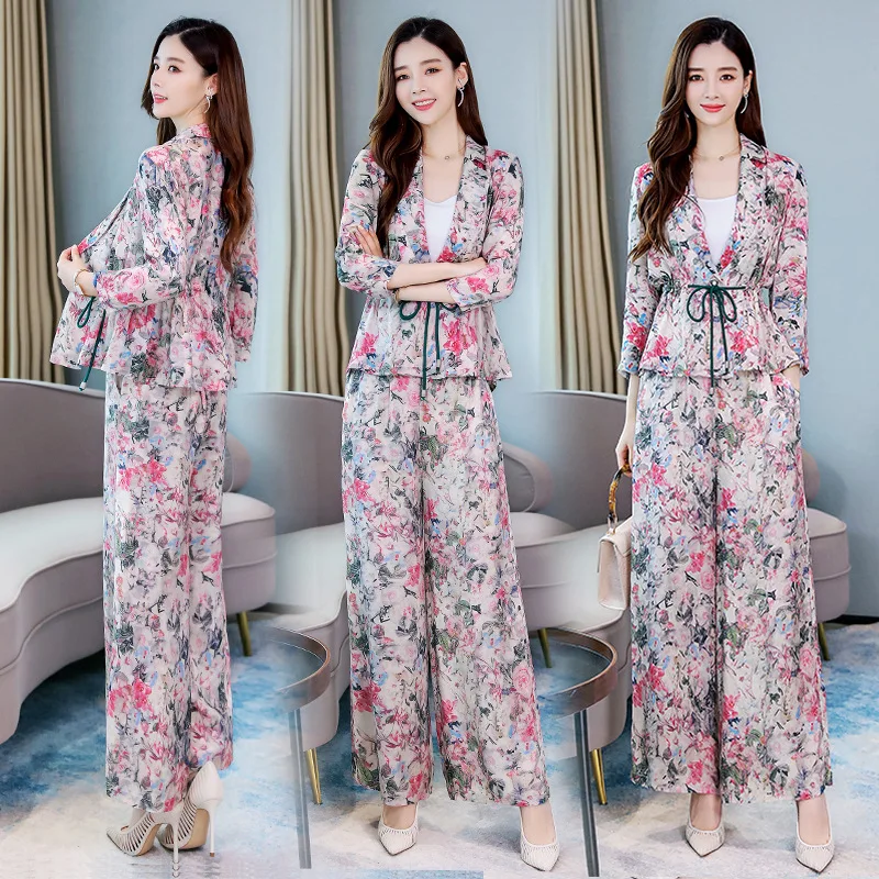 

2019 Autumn New Style Waist Hugging Slimming Printed Suit Jacket Trend Wide-Leg Trousers Set/Suit Skirt Lightweight Shu