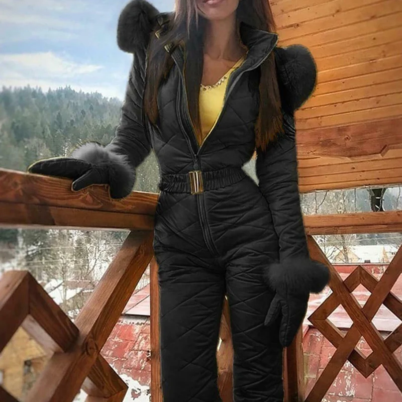 Женский зимний теплый зимний комбинезон, уличные спортивные штаны, лыжный костюм, водонепроницаемый комбинезон JS24 - Цвет: Черный