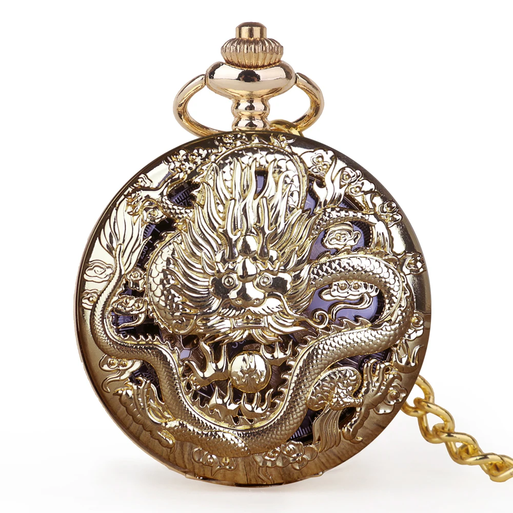 Механические карманные часы скелетоны All Gold Dragon мужские ретро с двойным открытым