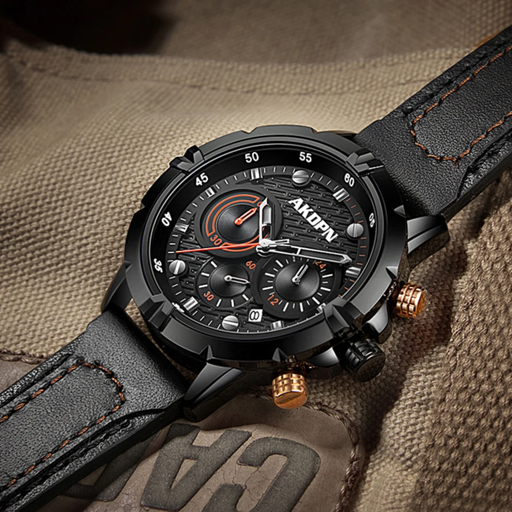 Luxury Quartz Men's Watch Function Dial Luminous Date Classic Sports Chronograph Male Watches Waterproof Leather Strap Relogio