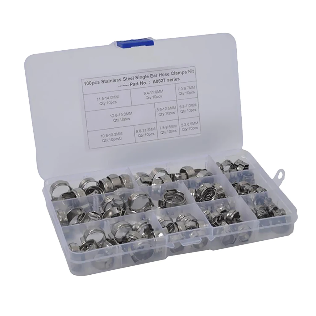 100 Pieces Stainless Steel Single Ear Hydraulic Fuel Air Hose Clamps O