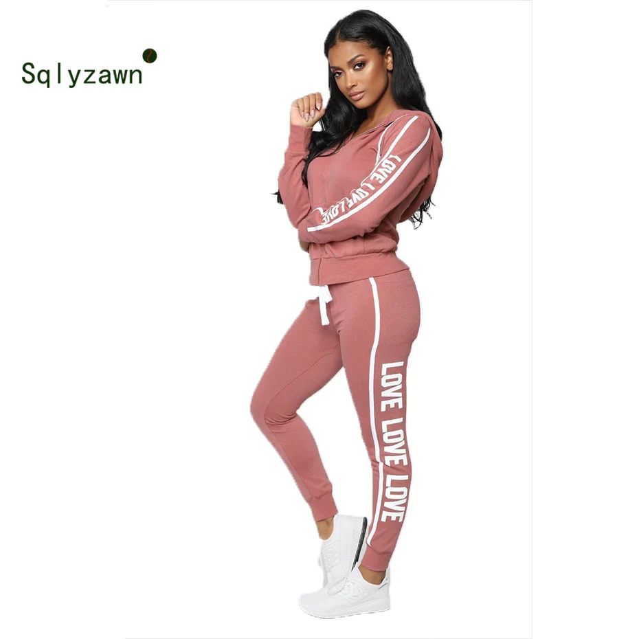 

Sweat Suits Women Two Piece Sets 2019 Casual Hoodies and Side Striped Pants Set Female Letter Printed Black/Pink Tracksuit Women