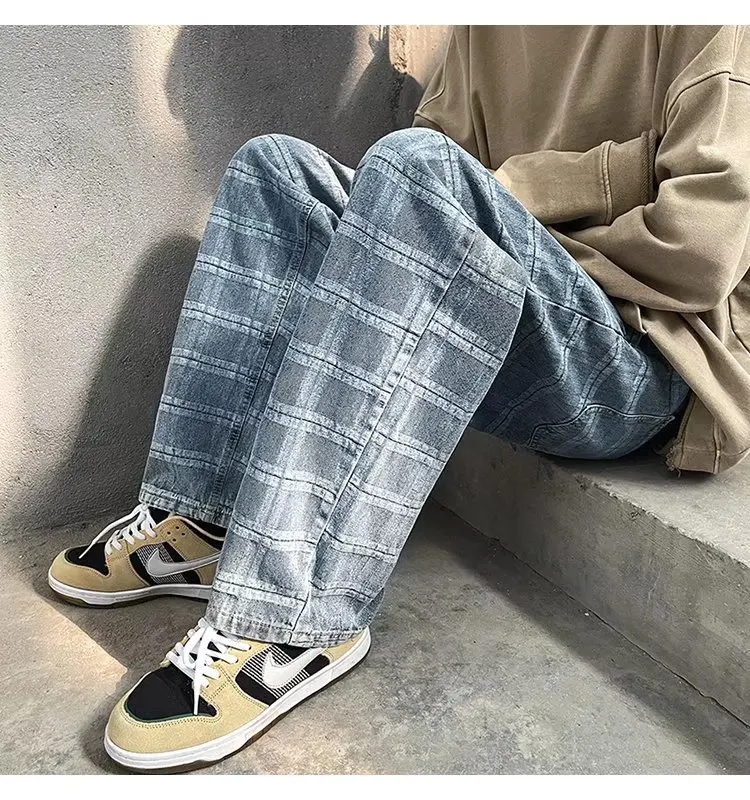 ICCLEK Men's Jeans 2021 Fall Men's Casual Pants Loose Straight Pants Fashion Plaid Casual Pants Mens Jeans  Patchwork Jeans