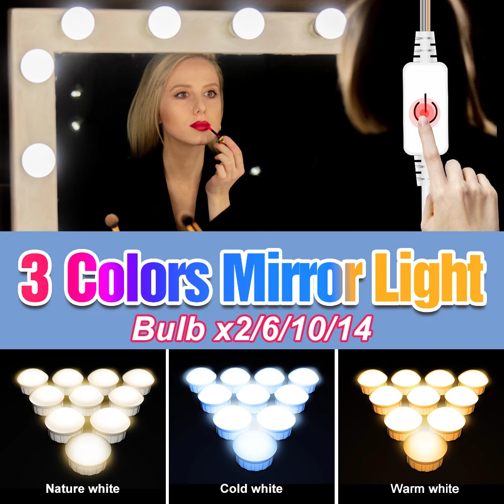 

3 Color Vanity Lamp 2 6 10 14Bulb USB 12V Makeup Mirror Light LED Dressing Table Mirror Lamp LED Stepless Dimmable Wall Lights
