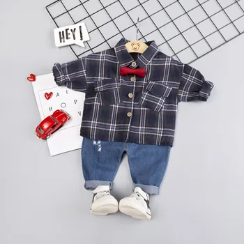 

Toddler Baby boys clothing sets spring autumn gentleman Plaid tops + jeans pants 2 pcs suit for children kids cotton clothes