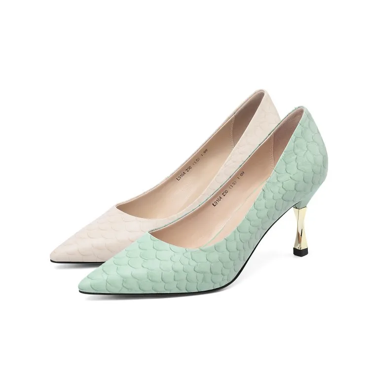 

Spring And Autumn Western Style Pointed-Toe Full-grain Leather Decorative Pattern Decoration Shallow Mouth Pointed Stiletto Tren