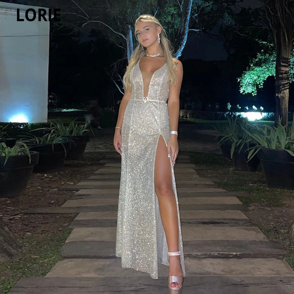 

LORIE элегантные Серебристые тюлевые блестящие Длинные вечерние платья с V-образным вырезом простые шиммеры для матери невесты винтажные платья для вечеринки