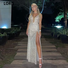 

LORIE Elegant Silver Tulle Sequin Long Evening Dresses V Neck Simple Sash Shimmer Mother Bride Gowns Vintage Robes De Soirée