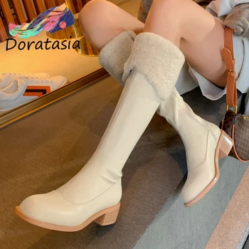 

DORATASIA Genuine Leather Women Low Heel Round Toe Shoes Stylish Zipper Casual Snowboots Women Mid Calf Boots