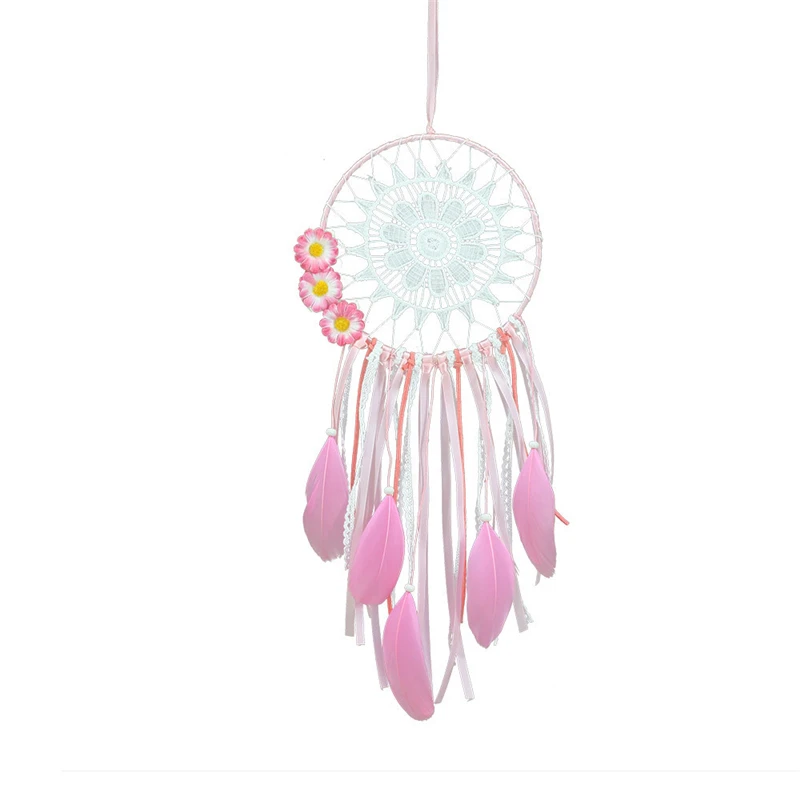 Lace Pink Feather Dream Catchers Round Metal Ring Circle Handmade Indian Style Bedroom Home Decorations Hanging Decors MS6996