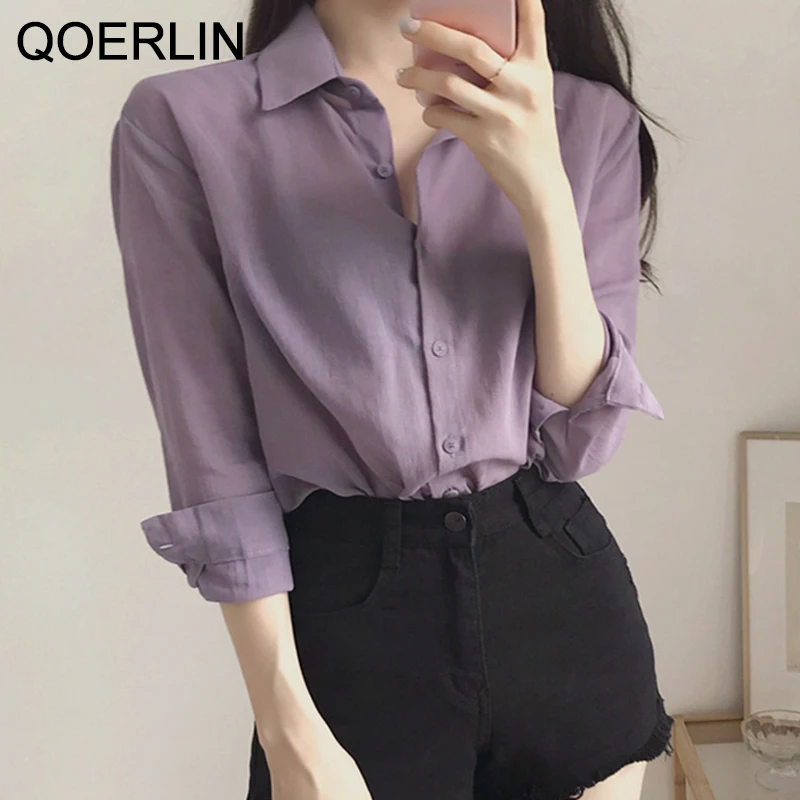 Minimalist Gentle Purple Shirt Ladies Lapel Single-Breasted Thin Top Spring Summer Korean Full Sleeve  Blouse Womens