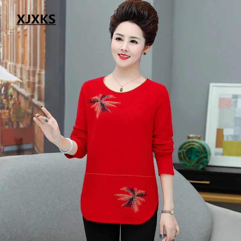 XJXKS autumn winter new women sweater loose plus size fashion printing mink cashmere knitted sweater women pullover - Цвет: Красный