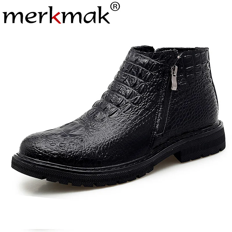 

Merkmak Crocodile Pattern Men Ankle Boots Winter Zipper Genuine Leather Men's Shoes Soft Casual Keep Warm Snow Boots Man Flats