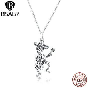 

BISAER Necklace 925 Sterling Silver Skull Man with Guitar Halloween Chain Link Femme Necklace for Women Fashion Jewelry HVN198