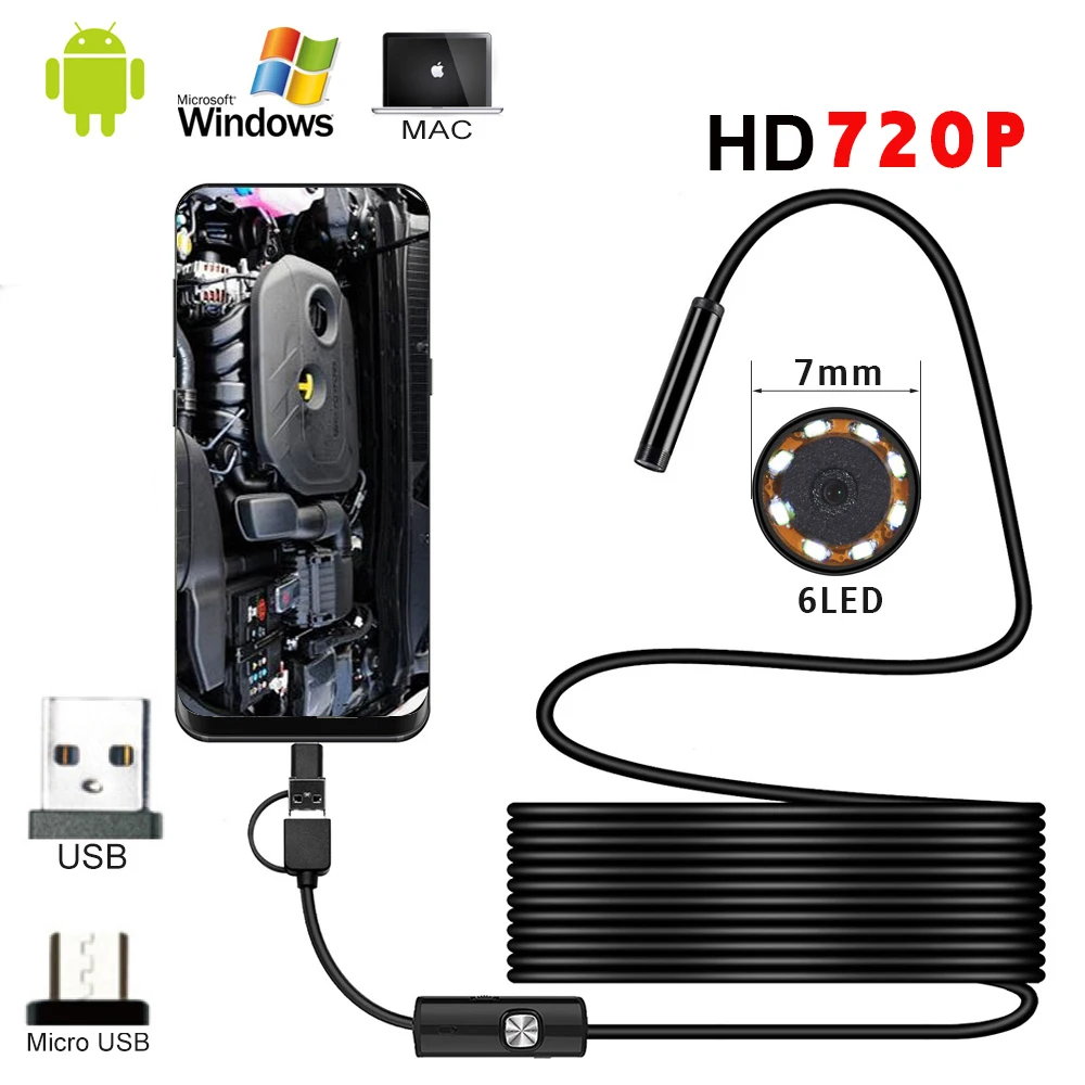 Câmera Endoscópica de Ação Mini mm 720p à Prova Dágua Câmeras com 6led Inspeção Boroscópio 360 Câmera para Celular Android