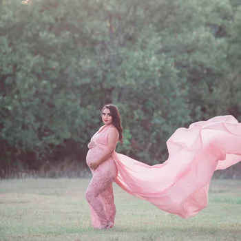 

3.2 meters long Soft Chiffon V-Neck Sleeveless Backless with Elastic Sexy Lace Maternity Dress for Photo Shoot Pregnant Dress