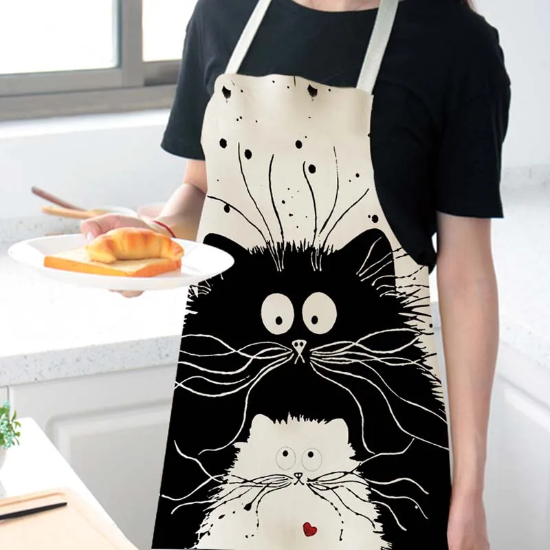 Cotton Linen Cute Cat Cartoon Apron Kitchen Cooking Bib Funny Aprons For Women Men Baking Accessories Clean Home Tools c2715