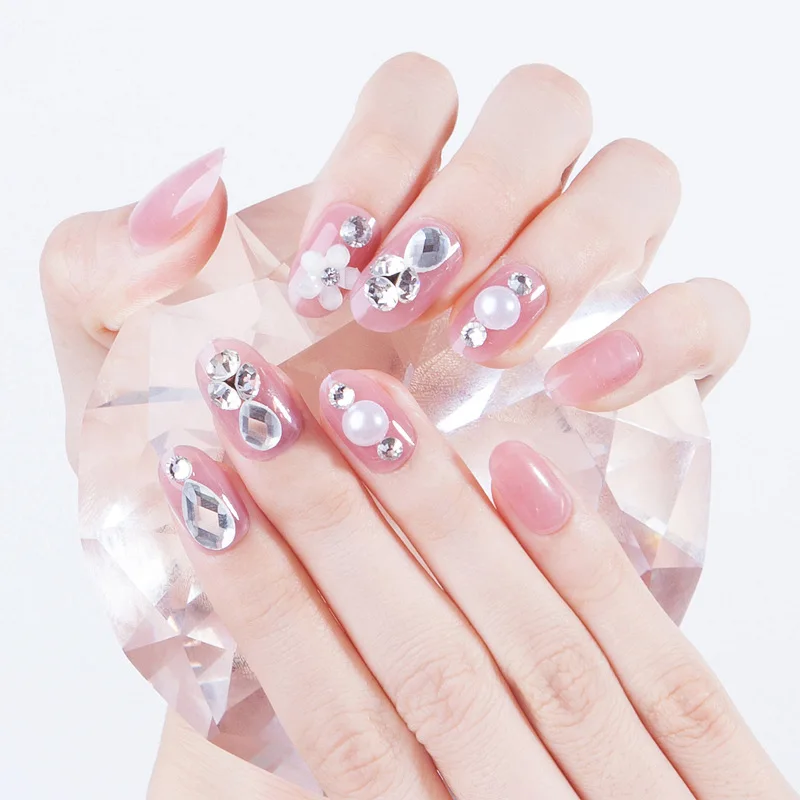 

24pcs Fake Nails Jelly Dripping Flower Ins Artificial Multiple Colors Pointed Bridal False Nails Self-sticking Tips Sticker
