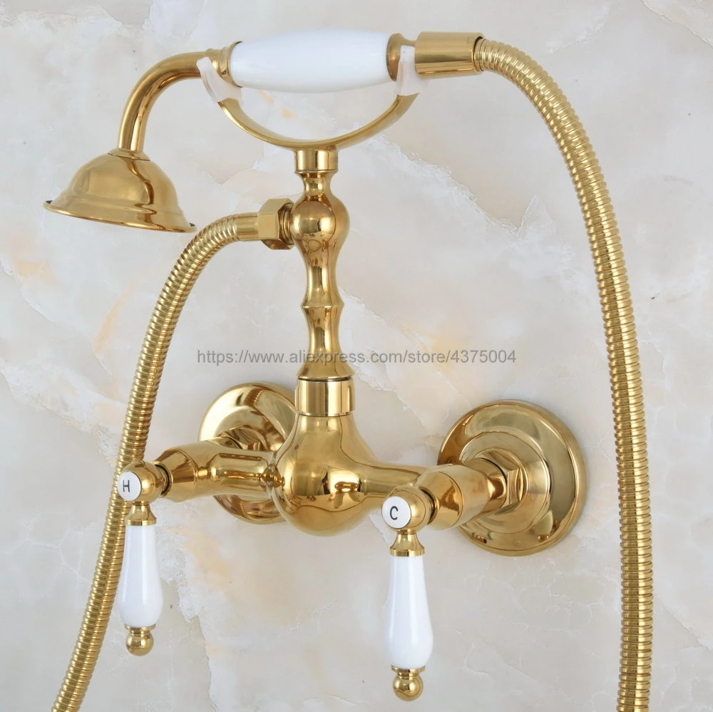 

Gold Color Brass Bathroom Shower Faucet Mixer Tap With Hand Held Shower Double Handles Wall Mounted Bathroom Faucet Nna844