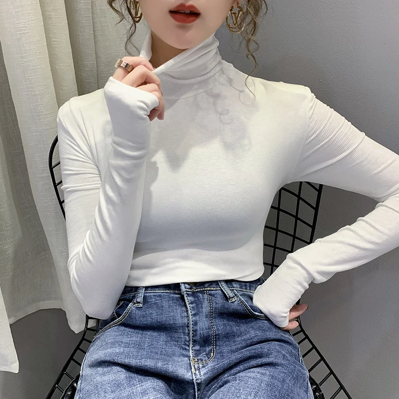 

Heap Pile Collar High Collar Bottoming Shirt Women Autumn Winter All-match Set Finger Sanding Plush Thick Cotton T-shirt