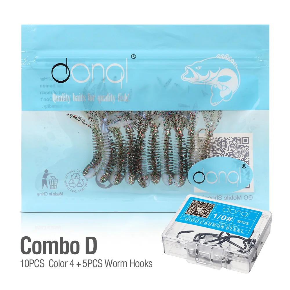 Combo D DONQL 10Pcs Soft Silicone Fishing Lure Artificial Worm Rubber Soft Swimbait Lifelike Fishy Smell Lures With 5Pcs Crank Fishhook - Цвет: Combo D