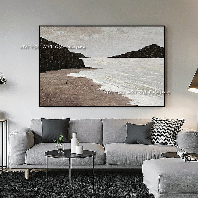 

100% Handmade Abstract Ocean Oil Painting Brown Seaside Large Modern Pictures Wall Art Canvas for Living Room Home Decoration