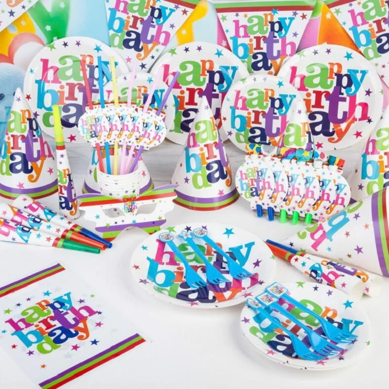 

Five-star Color HAPPY BIRTHDAY Letter Cups/Plates/Straws/Caps/Gift bags/Invitation card Party Supplies Disposable Tableware Sets