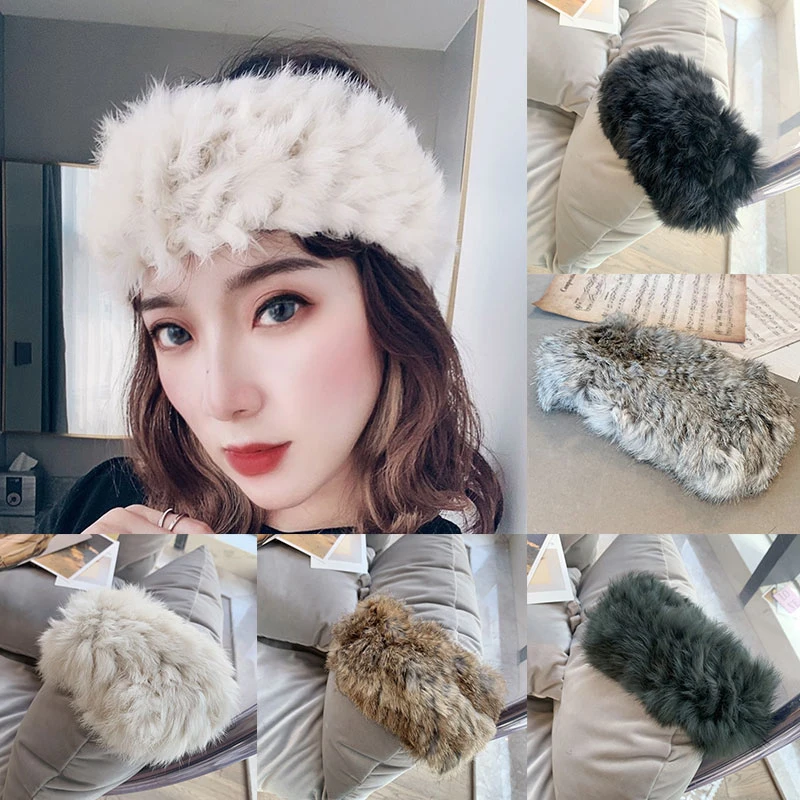 

Rabbit Fur Headband Elastic Hair Ribbon Hair Band headdress Wide plush hairband Vintage Fluffy Winter Hair Accessories for women