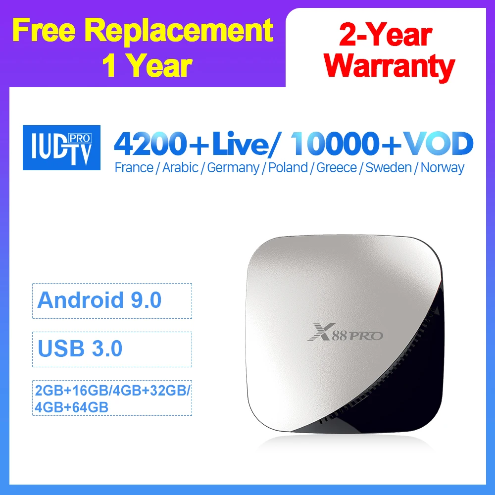 

X88 Pro Sweden Spain Italy IPTV IUDTV 1 Year Code Android 9.0 TV Box IP TV France Germany Greek India Arabic IPTV Subscription