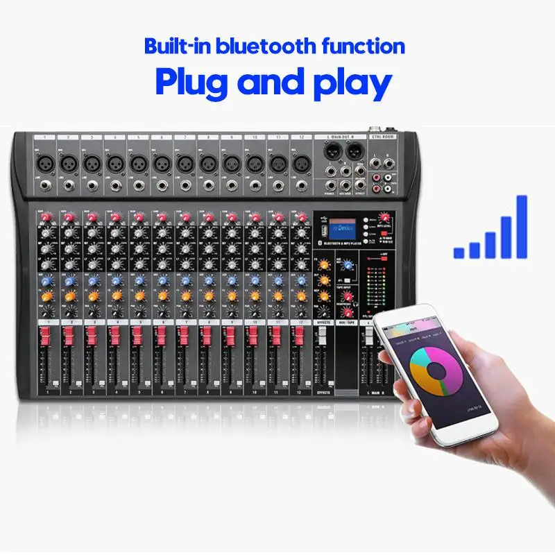 12 Channels Live Studio Audio Mixer - 48V Amplifier Professional USB Mixing bluetooth Stereo Sound Mixing Console