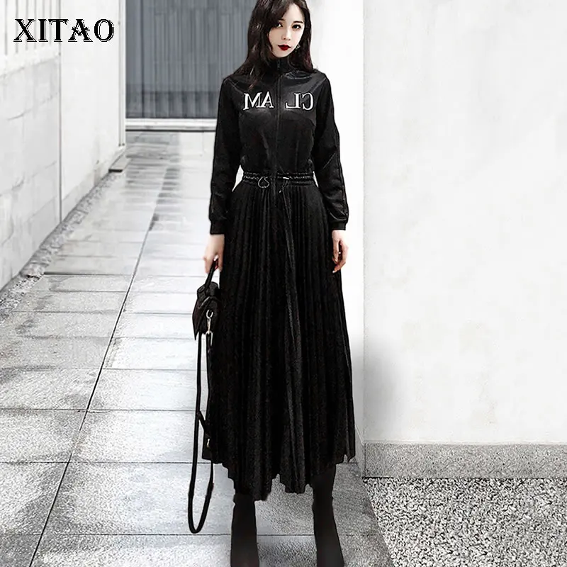 

XITAO Pleated Letter Dress Fashion New Waist Full Sleeve Turtleneck Patchwork Elegant Small Fresh Casual Long Dress DMY2108