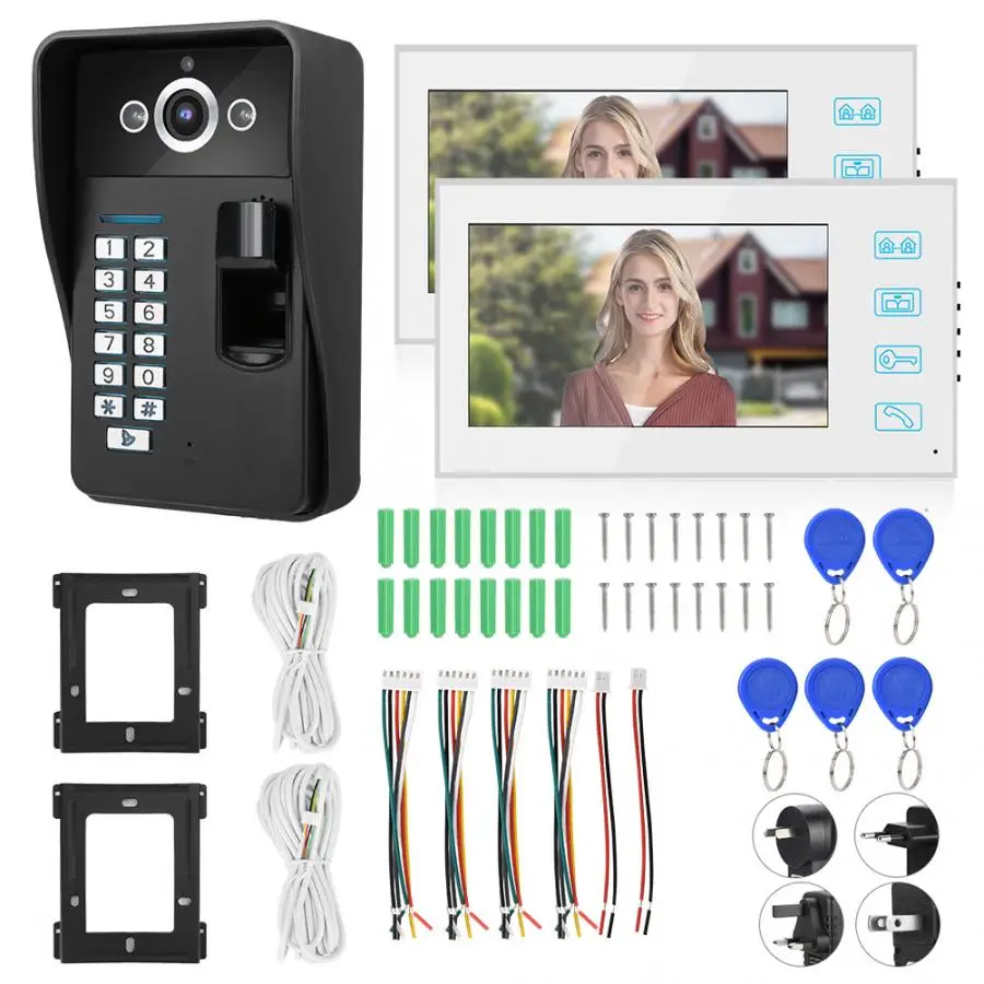 

doorbell 7in Wired Video Intercom Doorbell 1 Camera 2 LCD Monitor with Fingerprint Password RFID 100-240V door bell waterproof