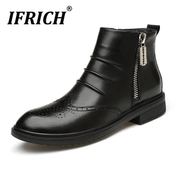 

Autumn/Winter Mens Fashion Boots Genuine Leather With Fur Men Boots Brand Designer Brogue Dress Boots For Men Black Zipper Boot