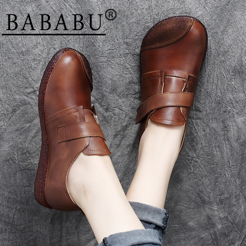 

2019 autumn new national style retro leather soft bottom flat with Velcro single shoes casual set foot deep mouth women's shoes