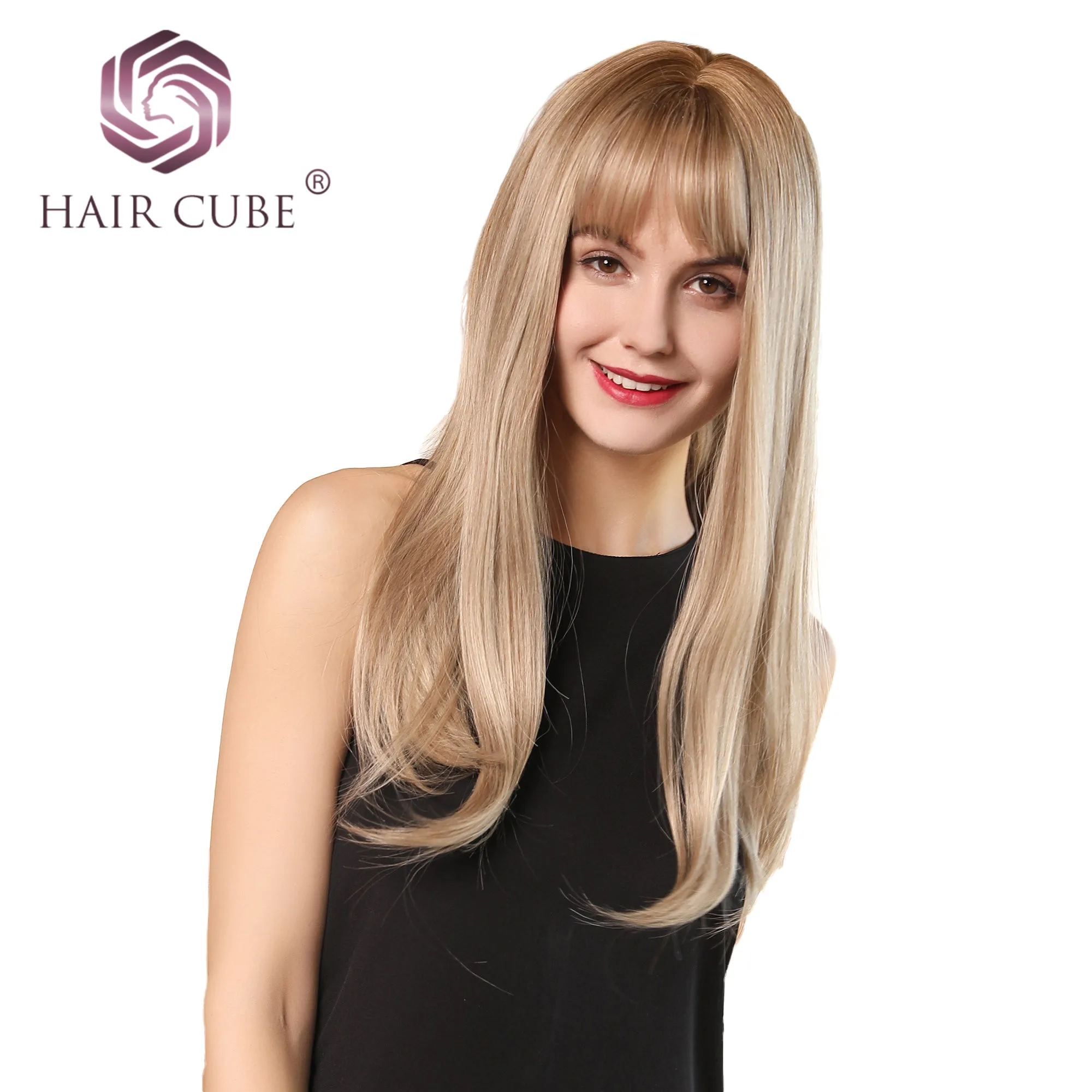 

Haircube 18" Long Straight Synthetic Wig with Bangs Light Brown High Density Natural Headline Heat Resistant Hair Wigs for Women