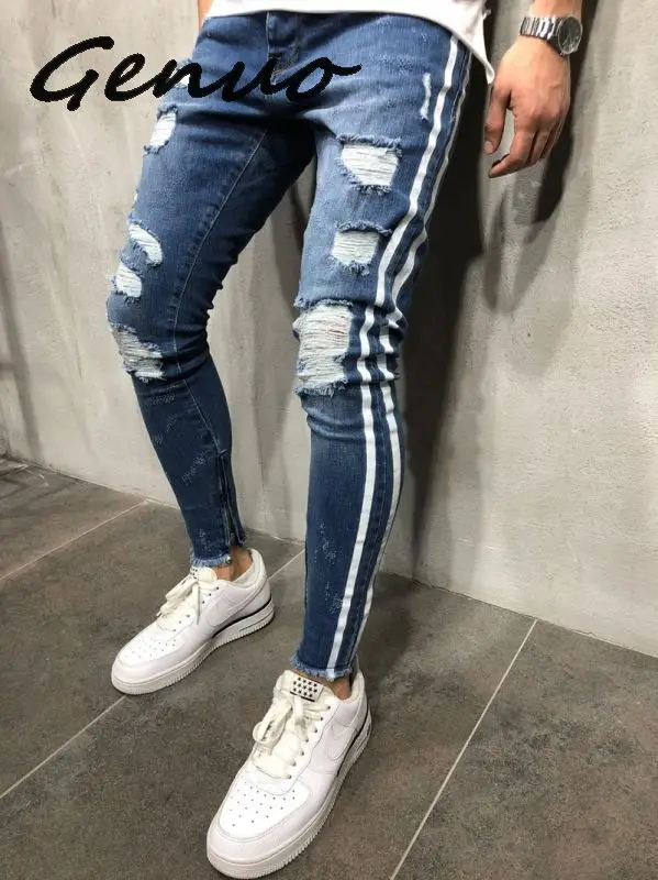 Genuo/Новые мужские облегающие джинсы, байкерские брюки с рваными краями и потертостями, джинсовые рваные джинсовые штаны, узкие брюки в
